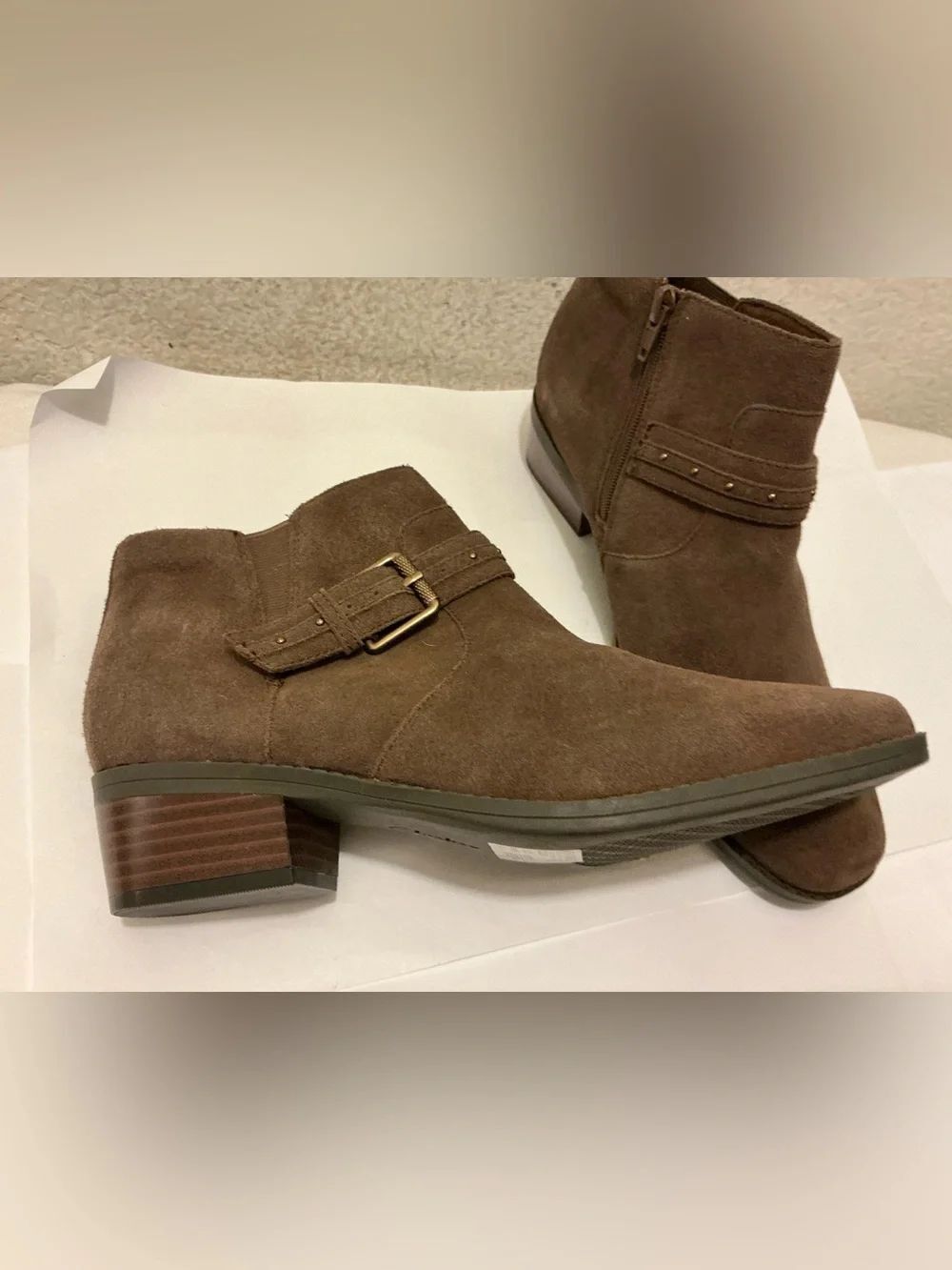 New Clarks Brown Suede Ankle Booties with Buckle Detail 8.5
